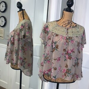 Daisy Shoppe Hi Lo Sheer Floral Blouse Lace Butterfly Cap Sleeves Cottagecore S